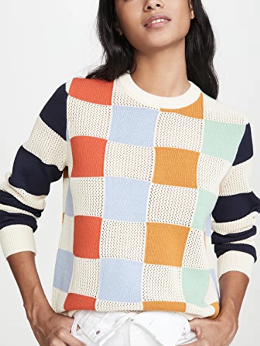Tory Burch Cream Checkerboard Crewneck with Multicolor Blocks